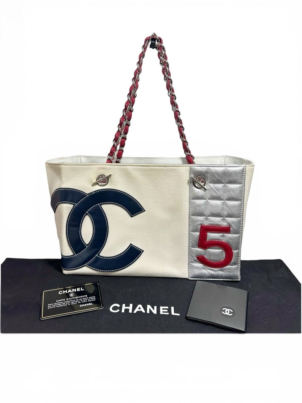 Chanel Metallic Silver Chocobar w/Red Navy Lambskin Leather & Ivory Canvas Tote
